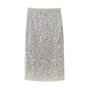 Elegant Silver Sequin MIDI Skirt Women High Waist Metallic Straight Skirt For Party Evening Banquet Wedding Fashion Bottom