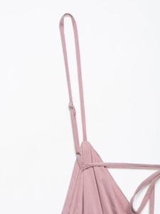 Detail view of the mauve purple linen blend dress with adjustable spaghetti straps