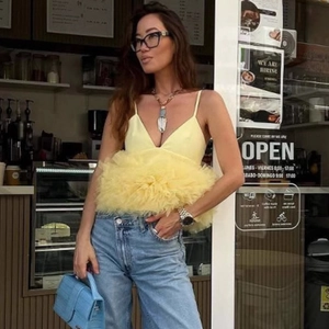 Sexy Women V-Neck Sleeveless Spaghetti Strap Yellow Tulle Ruffle Peplum Top Fashion Puffy Hem Mesh Camisole Tank Top