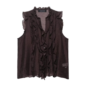 Women's dark brown sleeveless chiffon blouse featuring layered ruffle decorative trim
