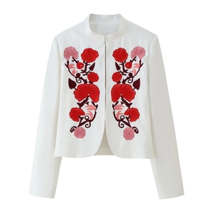 White standing collar jacket with red floral embroidery and elegant curved hemline
