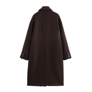Back view of a long dark brown wool coat featuring a large lapel and cuff strap details