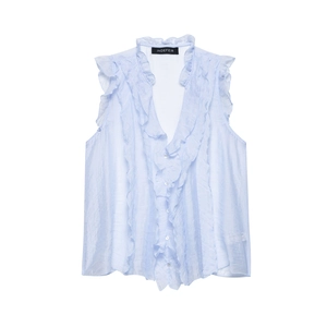 Light blue sleeveless V-neck shirt with ruffled edges and fine crinkled texture fabric