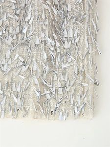 Detail of silver sequins and metallic fringe on mesh fabric for women's elegant skirt