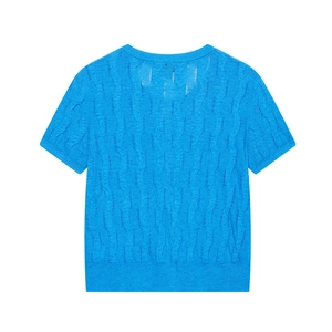 Women's bright blue short sleeve knit sweater with textured cable wave pattern and round neck