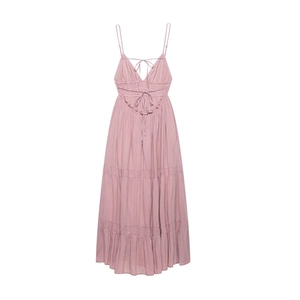 French chic backless tulle midi dress with tiered skirt in dusty pink for summer