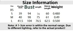 Size chart showing shoulder, bust, length and sleeve measurements for women's blazer
