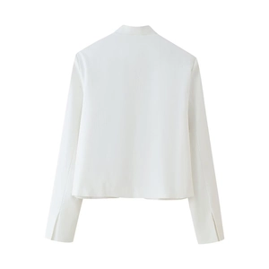 Minimalist white embroidered blazer jacket for women with sharp shoulders and back view details
