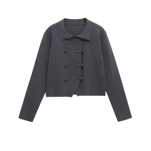 Women Neo Chinese Style Knit Cardigan Cropped Polo Neck Dark Grey Long Sleeve Asymmetric Frog Button Sweater Top