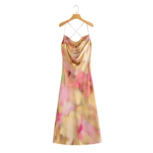 Women's backless floral satin maxi dress with criss-cross straps for 2025 summer