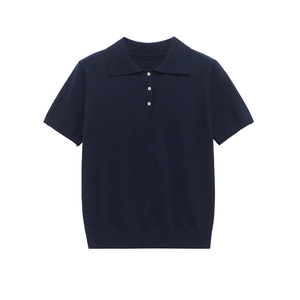 Detailed view of navy blue knit polo shirt featuring pearl buttons and ribbed texture