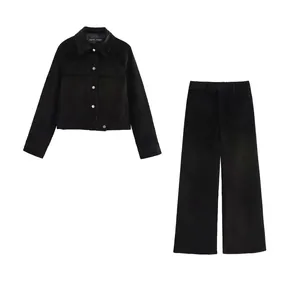 Veste Et Pantalon En Velours Côtelé De Couleur Unie Pour Femmes Top And Bottom Streetwear Décontracté Poche Bouton Épissé Costume