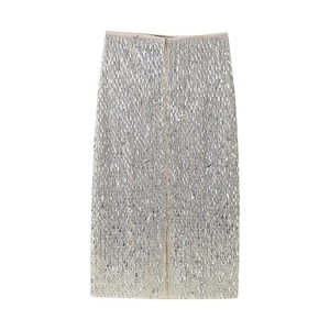 Chic silver sequin bodycon skirt with shimmering metallic finish and rear zipper closure