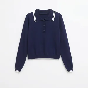 Haut Polo en Tricot Style Preppy pour Femmes Manches Longues Bleu Marine Rayures Contrastées Pull Décontracté Streetwear