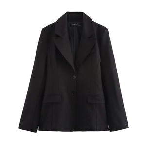 Detail view of black slim-fit blazer showing notched lapels and button closure on white background