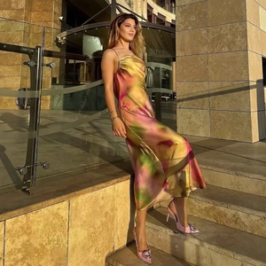 Women Sexy Backless Cross Strap Satin Slip Dress Cowl Neck Multicolor Abstract Floral Print Summer Midi Party Dress
