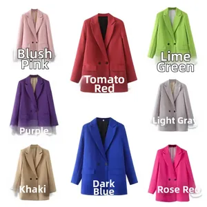Flat lay grid showing multiple colors of double-breasted blazers for women