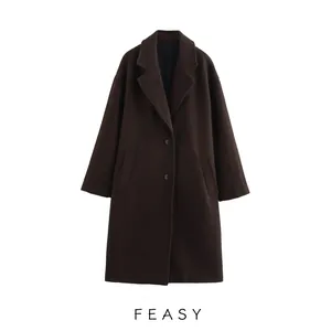 Women Elegant Long Woolen Coat Notch Lapel Solid Color Single Breasted Button Closure Loose Fit Casual Fashion Overcoat