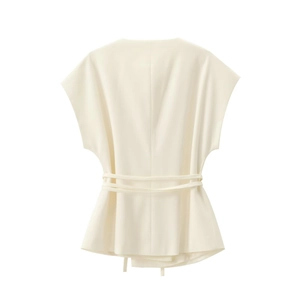 Rear view of cream sleeveless vest with slim waist drawstrings and elegant draped fabric