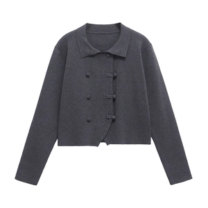 Women's dark gray knit cropped jacket with asymmetric closure and button details
