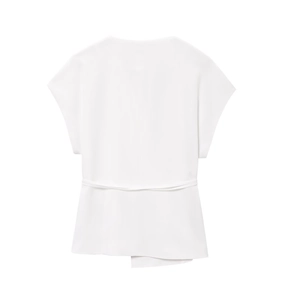 Detail of white sleeveless top with crew neck and matching waist tie belt design