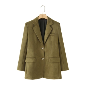 Blazer en daim synthétique vert olive pour femme avec revers classiques et poches à rabat