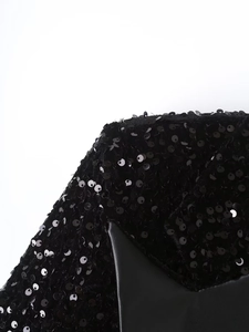 Close-up of black sequins and smooth faux leather texture on the fashion blazer jacket