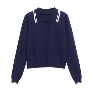 Polo femme en maille bleu marine à manches longues avec détails de rayures blanches