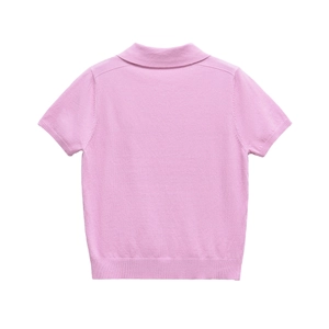 Back view of classic pink short sleeve knitted polo shirt with ribbed cuffs and hem
