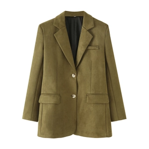 Blazer femme en daim vert olive avec revers cranté et fermeture à deux boutons chic