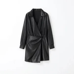 Robe Courte en Cuir PU Portefeuille Col en V Femmes Manches Longues Revers Moulante Fête Noir Élégant Automne