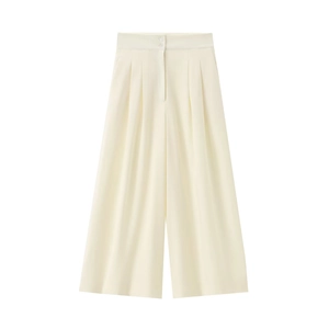 Detail view of high-waist ivory wide-leg trousers with double-button and pleated design