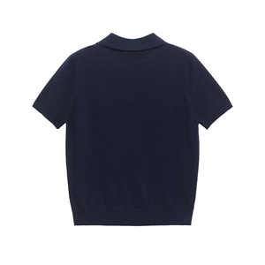 Navy blue short sleeve knit polo shirt with ribbed trim shown on white background