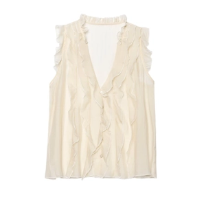 Women's sleeveless cream blouse with tiered ruffles and deep V-neckline button detail