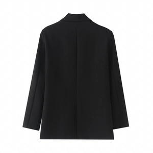 Back view of a classic black shawl collar blazer with precise tailoring and clean center seam