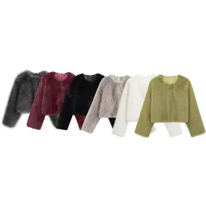 Veste Courte en Fausse Fourrure pour Femme Hiver Chaud Couleur Unie Col Rond Manches Longues Manteau Court Streetwear