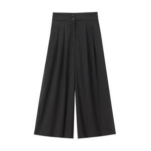 Detail of high waist black wide leg trousers with decorative buttons and pleats