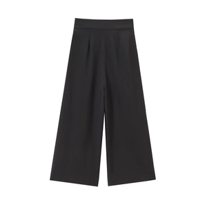 Close-up of high-waist black wide-leg trousers with pleated details and smooth fabric