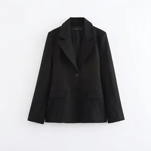 Elegant Women Notched Lapel Slim Fit Black Blazer Single Breasted Long Sleeve Shoulder Pad Suit Jacket Work Office Wear