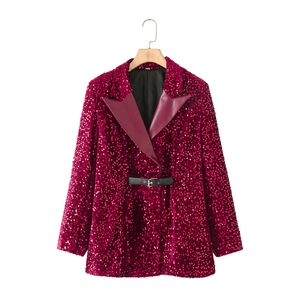 Women's Fashion Sequin Blazer Jacket With Belt Long Sleeve Patchwork Collar Party Streetwear Suit Outerwear For Ladies