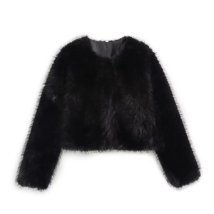 Veste courte en fausse fourrure noire pour femme avec manches longues et col rond