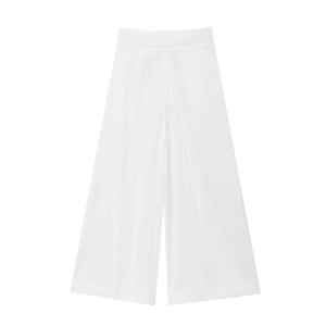 Detailed view of high-waist white wide-leg trousers in a minimalist woven fabric design