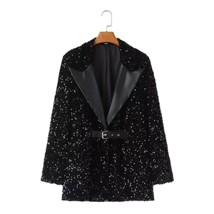 Women's black sequin blazer with faux leather lapels and adjustable waist belt