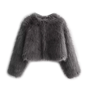 Veste courte en fausse fourrure gris foncé pour femme avec texture moelleuse pour l'automne/hiver