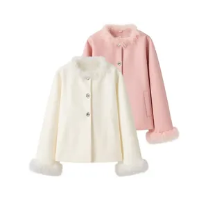 Manteau Élégant en Laine pour Femme avec Bordure en Fausse Fourrure Manches Longues Col Rond Boutons en Strass Veste Automne Hiver