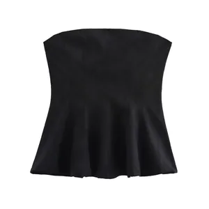 Women's Sexy Strapless Peplum Tube Top Sleeveless Solid Color Slim Fit Velvet Texture Street Style Party Evening Top