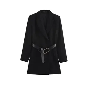 Women Elegant Blazer Dress Long Sleeve V Neck Double Breasted Mini Dress With Belt Professional Office Commute Solid Color