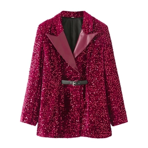 Women's deep pink sequin blazer with contrast lapels and black belt on white background
