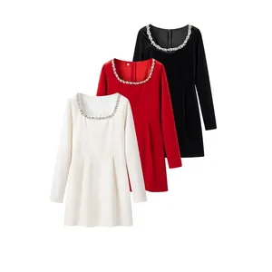 Elegant Velvet Mini Dress For Women Rhinestone Square Neck Long Sleeve A-Line Party Dress Vintage Beaded Evening Vestidos