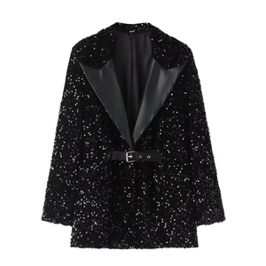 Women's black sequin blazer with satin lapels and a waist-cinching belt style